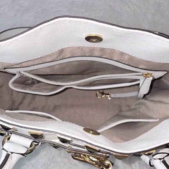 Michael Kors Hamilton Large Pyramid Studded Satchel Shoulder Bag Tote White - Picture 13 of 16